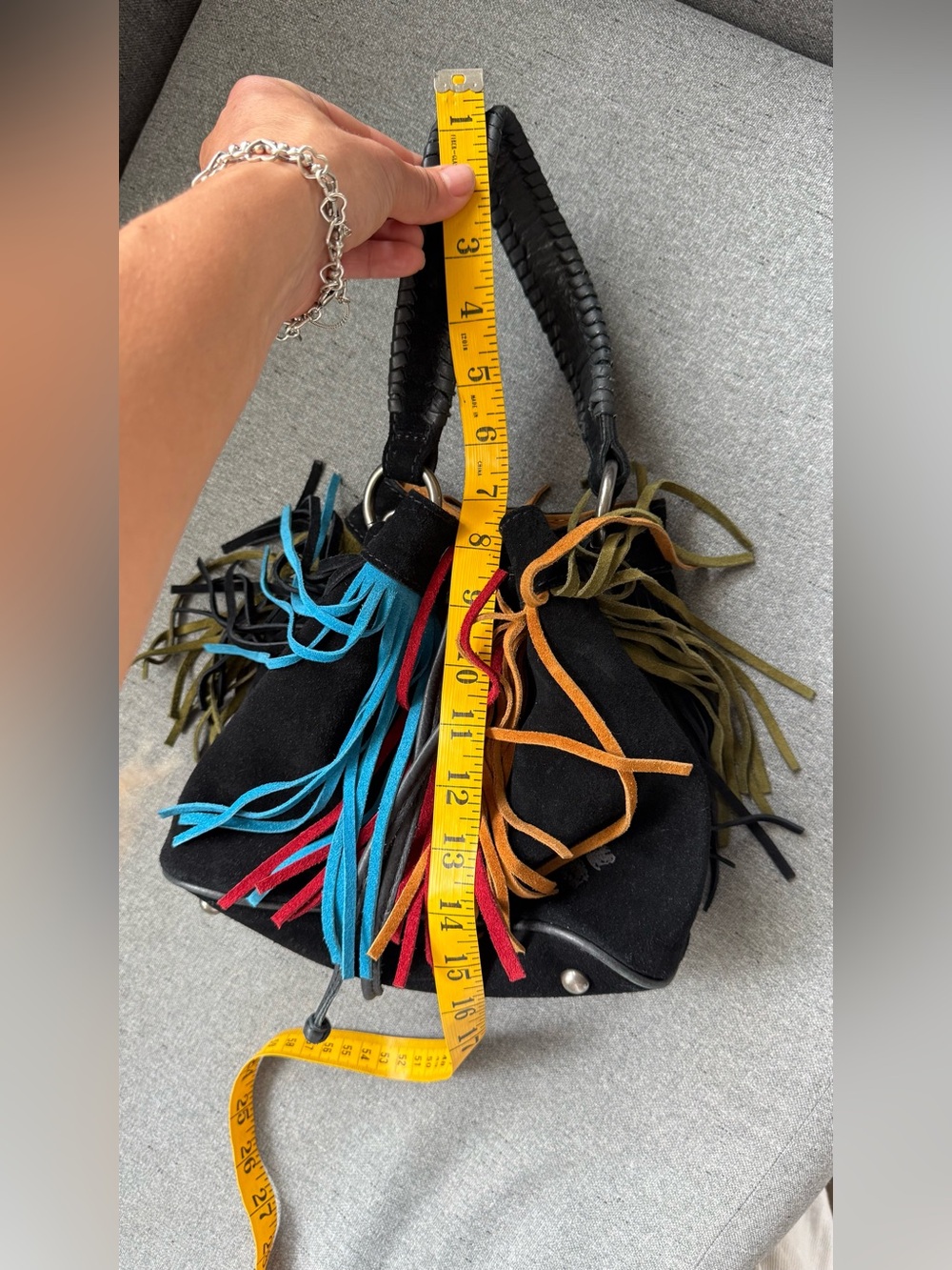 Patricia Nash Elisa Black Suede Multicolor Fringe Bucket Bag Boho Western - Picture 11 of 12